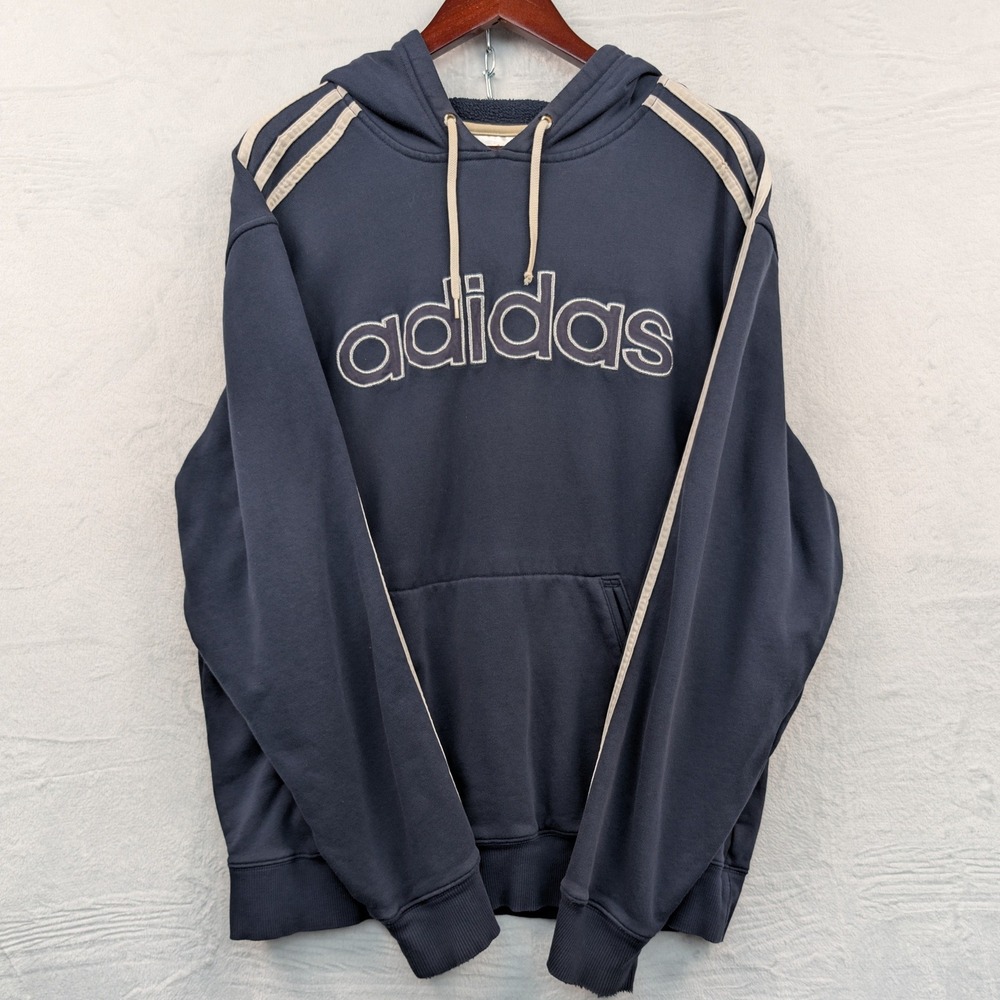 VTG Adidas Hoodie Men's L Navy Blue Spellout Striped Sporty Streetwear Boxy Y2K